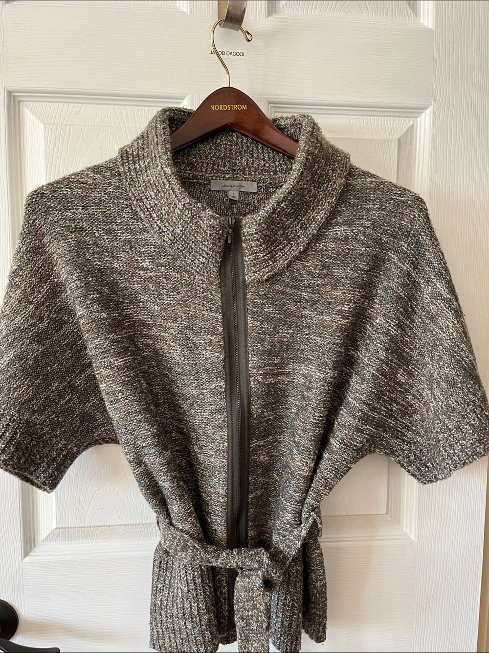 Nordstrom Heathered Brown Short-Sleeve Zip Cardigan with Waist Tie